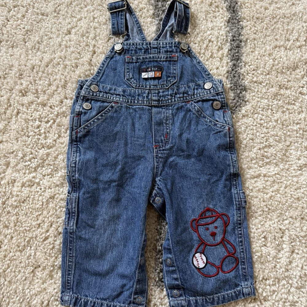 Vtg Y2K Carters Bib Overalls Boys 12 Months Blue Jeans Denim Baseball Teddy Bear